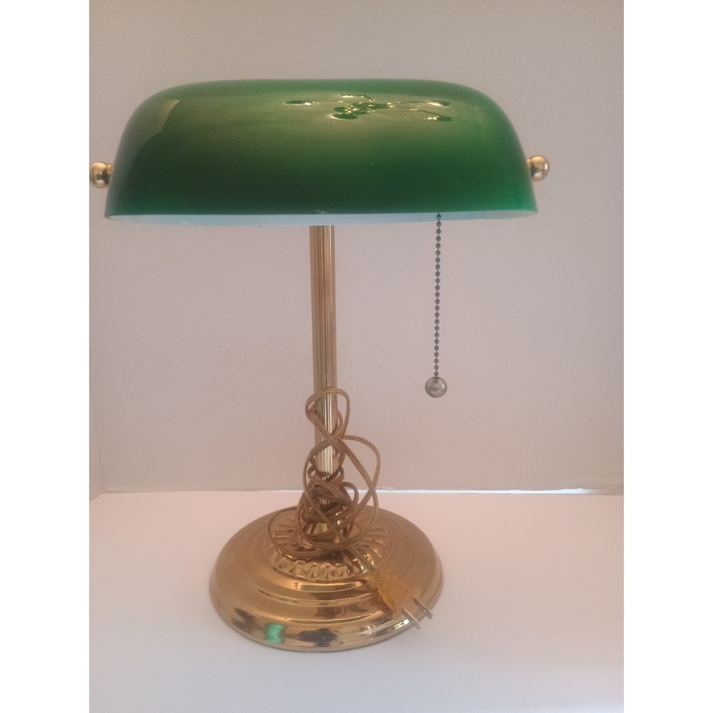 Vintage Brass Bankers Desk Library Pull String Lamp Emerald Green Glass...